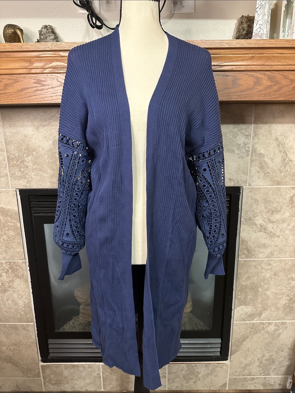 NorthStyle M Blue Lace Sleeve Longline Open Front Cardigan Cotton Knit